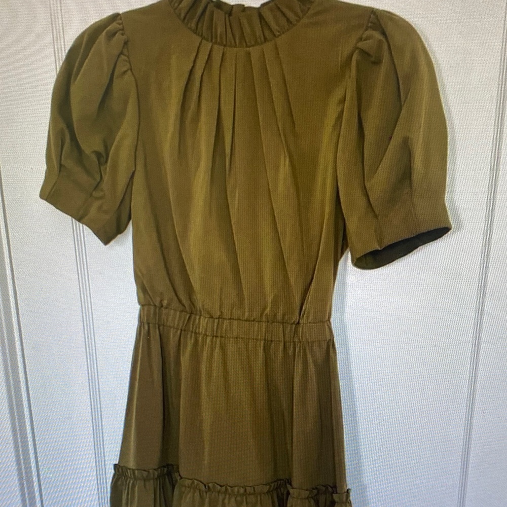 Alice + Olivia Olive Green Puff Sleeve Midi Dress
